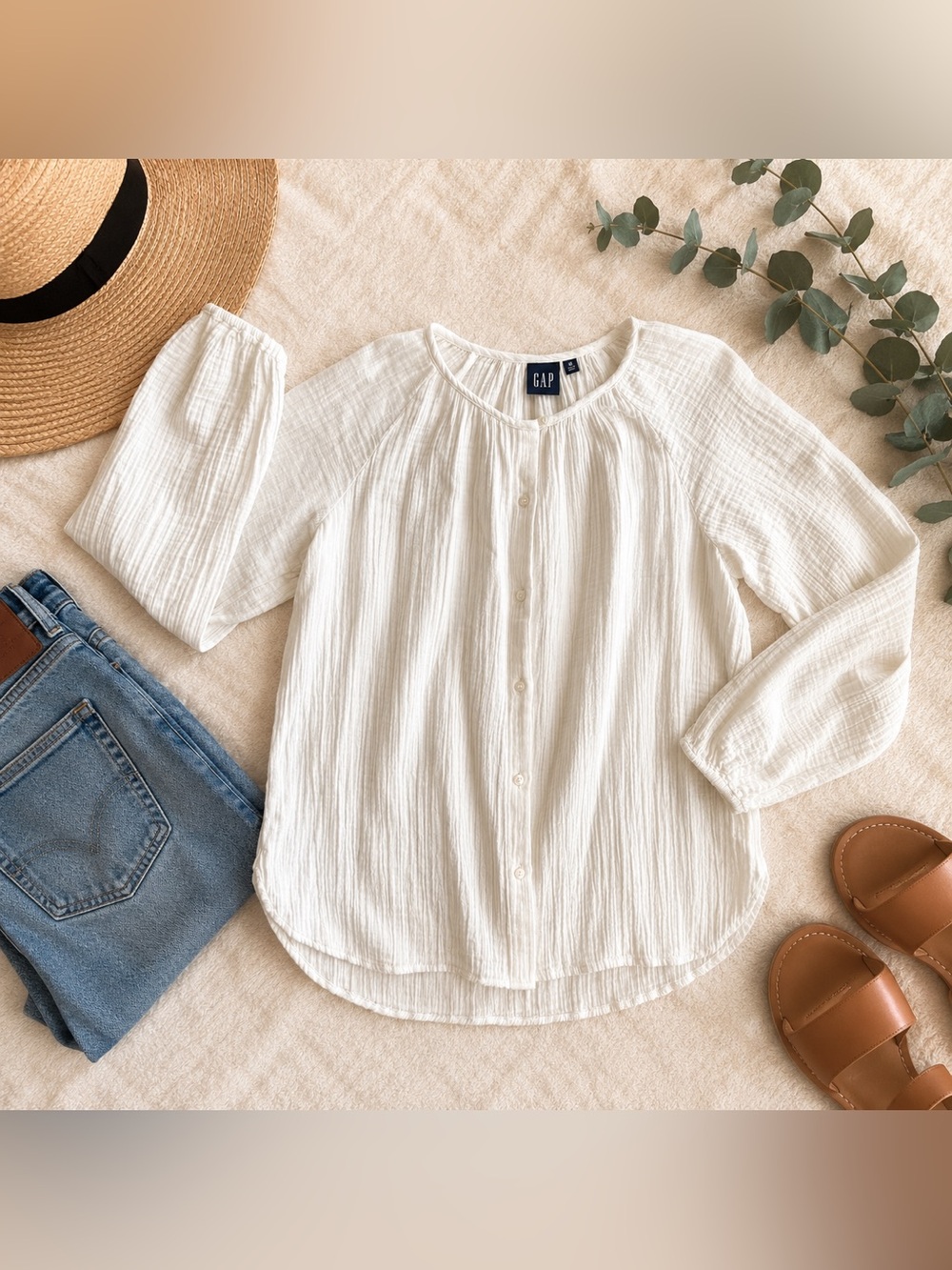 GAP 100% Cotton Double Gauze Button Front Peasant Blouse Ivory Cream Size M
